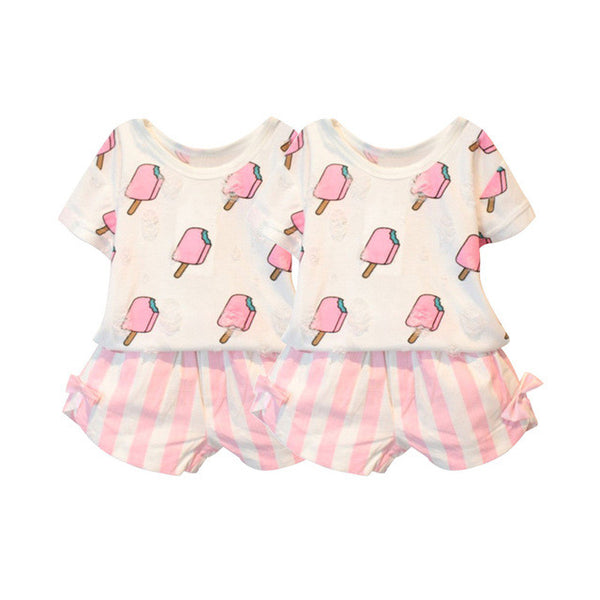 New Summer Kids Girls Clothing Set Ice Cream Printed T-shirt +Striped Bow Shorts 2 Pcs 1-6Y L07