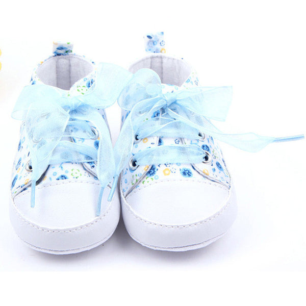 Wholesales Baby Shoes Flower Ribbon Baby Girl Sneaker Lace Up Soft Sole Prewalkers