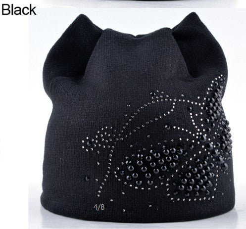 Winter Cat Beanie Hat Ladies Knit Hats For Women Beanies Caps Pearls Butterfly Diamond Beanie Touca Knitted Cap With Ear Flaps