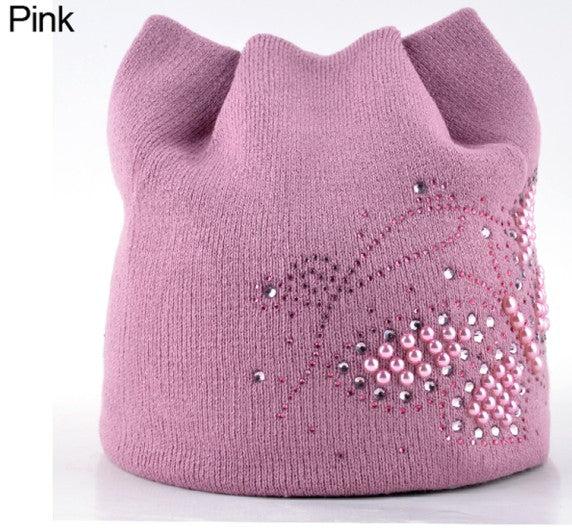 Winter Cat Beanie Hat Ladies Knit Hats For Women Beanies Caps Pearls Butterfly Diamond Beanie Touca Knitted Cap With Ear Flaps
