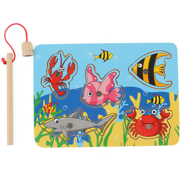 Cute Ocean Animal Crab Fish Baby Puzzle Preschool Infant Magnetic Fishing Wooden Toy 3D Jigsaw Children Educational Gift Toy