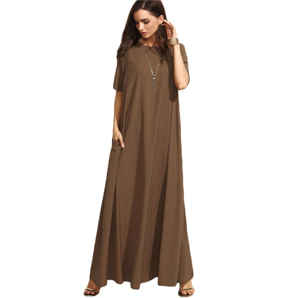 DIDK Summer Casual Long Dresses For Woman Plain Brown Crew Neck Short Sleeve Zipper Back Loose Shift Maxi Dress