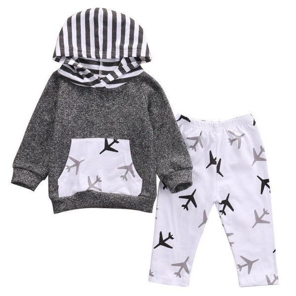 2016 Toddler Kids Baby Boy Girl Clothes Hooded Tops + Planes Pants 2pcs Casual Outfits Bebek Giyim Clothing Set 0-5Y