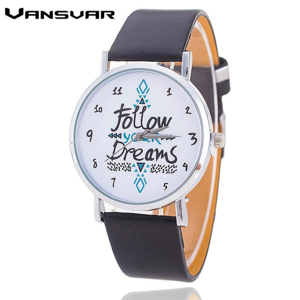 Vansvar Follow Your Dreams Women Quartz Watches Reloj Mujer Relogio Feminino Leather Strap Wristwatch New Dress Watch Clock