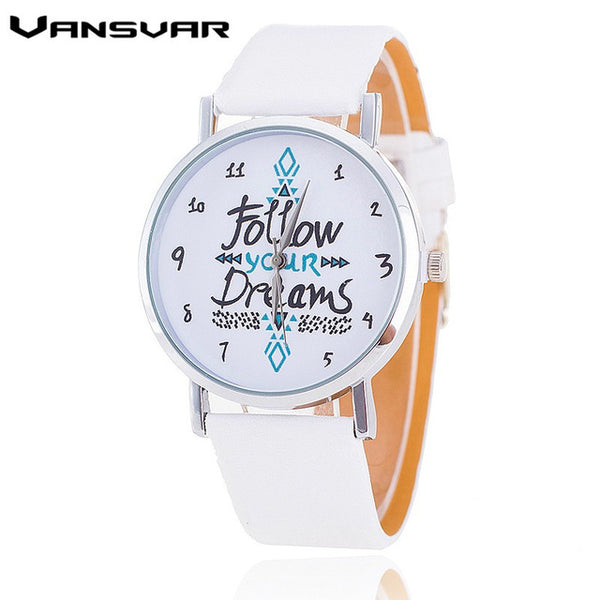 Vansvar Follow Your Dreams Women Quartz Watches Reloj Mujer Relogio Feminino Leather Strap Wristwatch New Dress Watch Clock