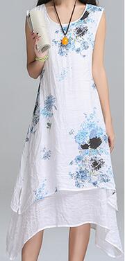 Saiqigui Summer dress New Fashion sleeveless women dress casual cotton Linen dress Printed o-neck plus size vestidos de festa