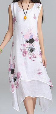 Saiqigui Summer dress New Fashion sleeveless women dress casual cotton Linen dress Printed o-neck plus size vestidos de festa