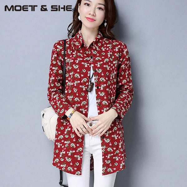 Casual Long Sleeve Shirt Women Autumn New Fashion Floral Print Cotton Linen Blouses Plus Size Women Top With Pockets T64805