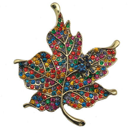 Multi Color Crystal Rhinestone Maple Leaf Brooch Pin Plant Costume Jewelry For Women