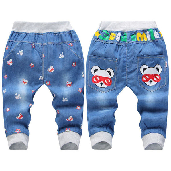 Hot Sale! 2016 New  Kids Jeans Elastic Waist Straight Bear Pattern Denim Seventh Pants Retail Boy Jeans For 2-5 Years WB142
