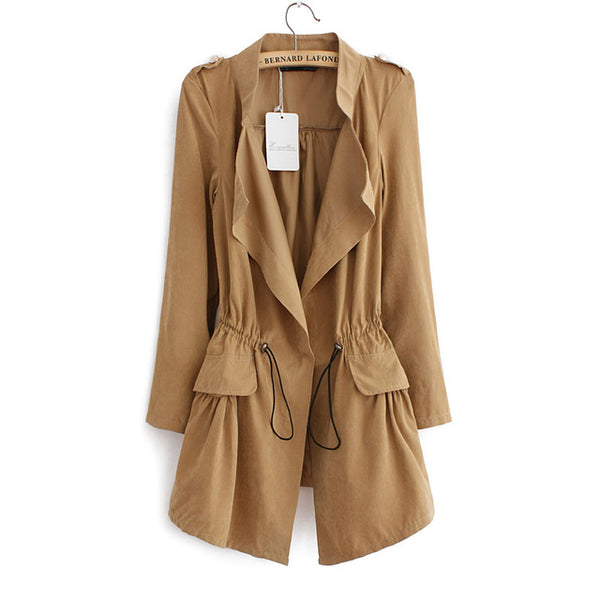 2016 Women Cardigans Casual Spring Autumn Turn-down Collar Long Trench Ladies Pleated Pocket Design Outwear Coat D2013