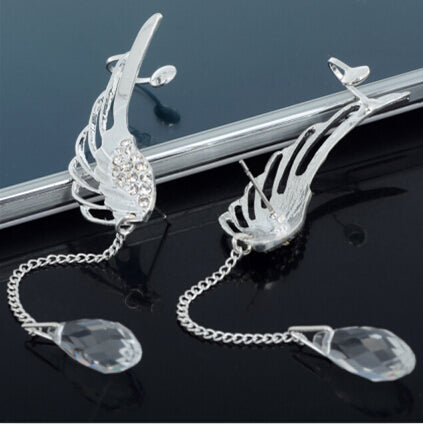 Silver Plated Angel Wing Stylist Crystal Earrings Drop Dangle Ear Stud For Women Long Cuff Earring ER623