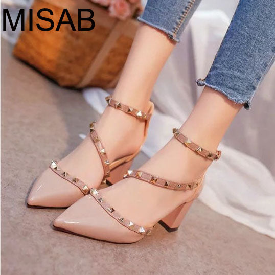 2016 women pumps fashion new design rivets women sandals comfortable square heels quality high heels summer autumn heels ALF204