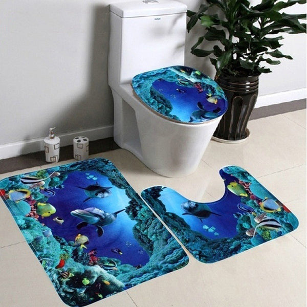 Hot Sale Fashion 3Pcs/Set Bathroom Non-Slip Blue Ocean Style Pedestal Rug + Lid Toilet Cover + Bath Mat [NF] FG