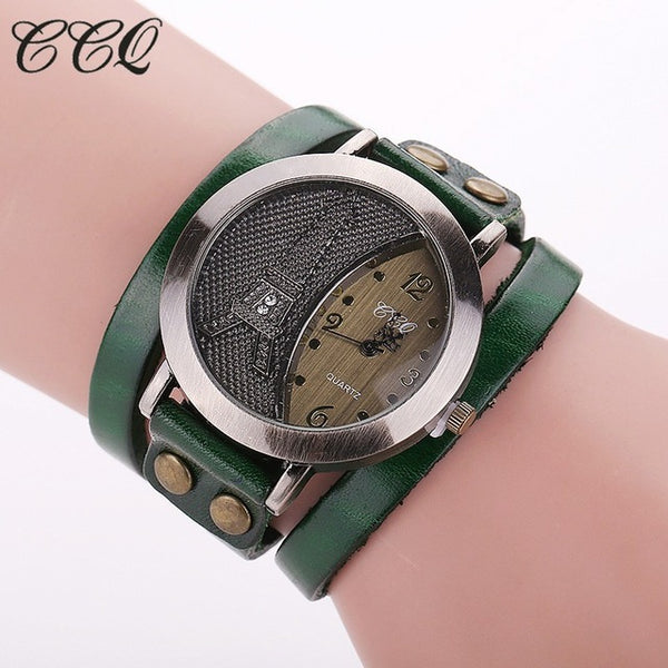 CCQ Brand Vintage Tower Watch Genuine Leather Bracelet Watches Casual Women WristWatch Quartz Watch Relogio Feminino 1292