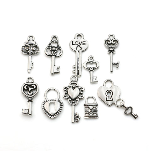 Mixed Tibetan Silver Plated Key Lock Love Charm Pendants for Bracelet Necklace Jewelry Diy Jewelry Making Handmade 10pcs