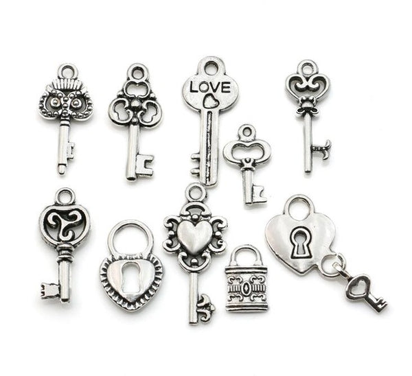 Mixed Tibetan Silver Plated Key Lock Love Charm Pendants for Bracelet Necklace Jewelry Diy Jewelry Making Handmade 10pcs