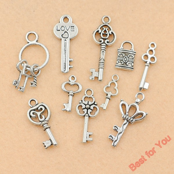 Mixed Tibetan Silver Plated Key Lock Love Charm Pendants for Bracelet Necklace Jewelry Diy Jewelry Making Handmade 10pcs