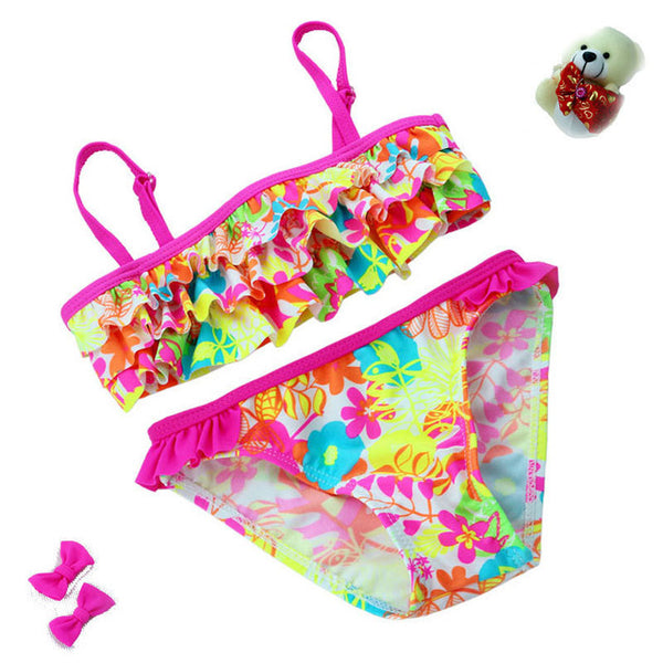 2016 New summer European and American Style Flowers Bikini Children's Swimwear Girls Split Bikini Kids Cake Layer Swimsuit