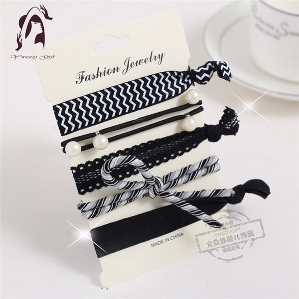 Trendy Summer Elastic Women Hair Accessories Tassel Hairband Jewelry Hand Band For Girls 5PCS/Pack Hair Tips Headwear Hair Bands