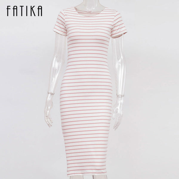 FATIKA Women Casual Summer Dress Short Sleeve O-Neck Bodycon Dress Striped Side Split T Shirt Women's Slim Fit Dresses