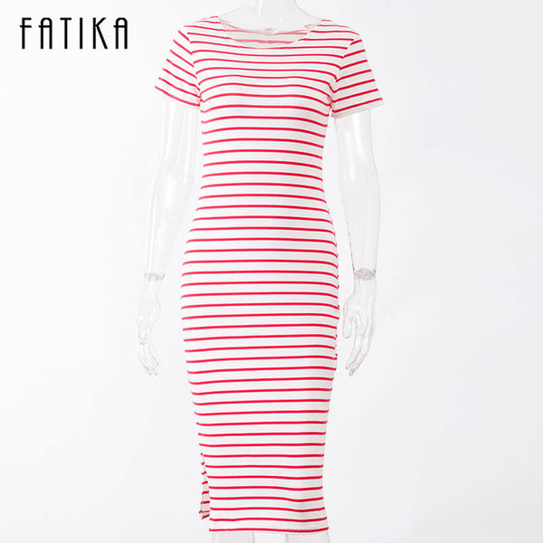 FATIKA Women Casual Summer Dress Short Sleeve O-Neck Bodycon Dress Striped Side Split T Shirt Women's Slim Fit Dresses