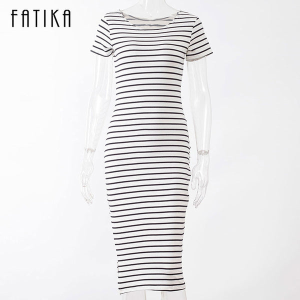 FATIKA Women Casual Summer Dress Short Sleeve O-Neck Bodycon Dress Striped Side Split T Shirt Women's Slim Fit Dresses