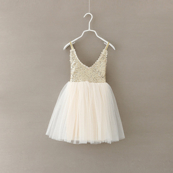 New Hot Children Baby Dress Gold Sequined Lace Sling White Tutu Dresses For Party Wedding Clothing Size 2-6Y vestido infantil