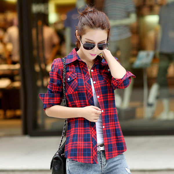 2016 Autumn New Arrival Flannel Plaid Shirt Women Casual Cotton Plus Size Long Sleeve Blouses Shirts Clothing Girl College Style