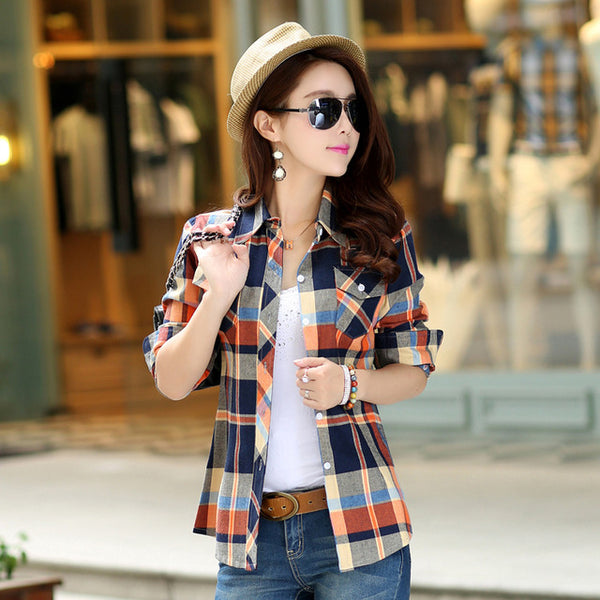 2016 Autumn New Arrival Flannel Plaid Shirt Women Casual Cotton Plus Size Long Sleeve Blouses Shirts Clothing Girl College Style