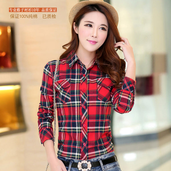 2016 Autumn New Arrival Flannel Plaid Shirt Women Casual Cotton Plus Size Long Sleeve Blouses Shirts Clothing Girl College Style