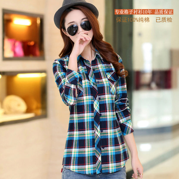 2016 Autumn New Arrival Flannel Plaid Shirt Women Casual Cotton Plus Size Long Sleeve Blouses Shirts Clothing Girl College Style