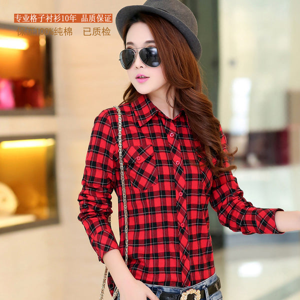 2016 Autumn New Arrival Flannel Plaid Shirt Women Casual Cotton Plus Size Long Sleeve Blouses Shirts Clothing Girl College Style