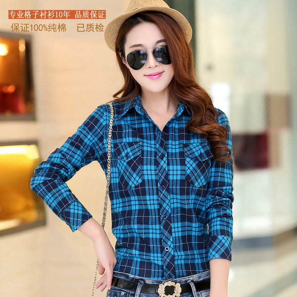 2016 Autumn New Arrival Flannel Plaid Shirt Women Casual Cotton Plus Size Long Sleeve Blouses Shirts Clothing Girl College Style