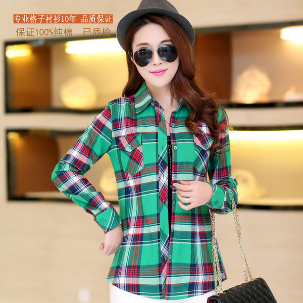 2016 Autumn New Arrival Flannel Plaid Shirt Women Casual Cotton Plus Size Long Sleeve Blouses Shirts Clothing Girl College Style