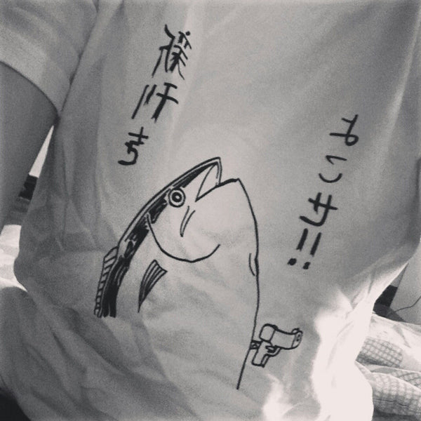 New summer fashion cute basic fish pattern Japanese style HALAJUKU wild funny short sleeve o-neck women White T-shirt