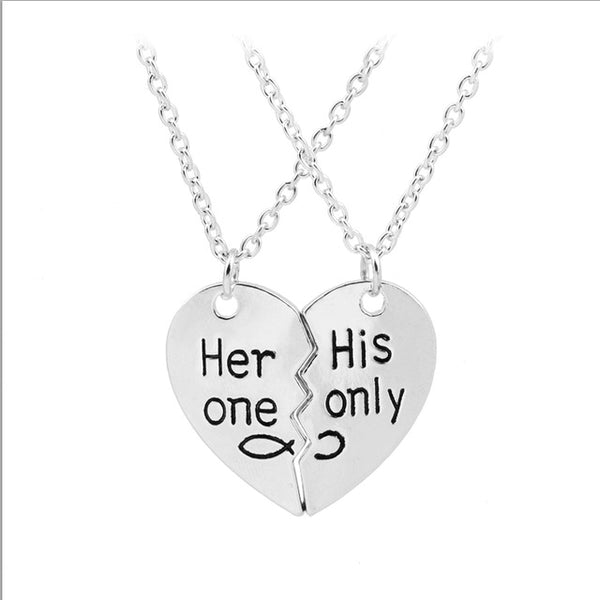 2 Pcs"Her one His Only" 2017 Valentine's Day Lettering Necklaces Fashion Broken Heart Pendant Couple Necklaces For Lovers Gifts