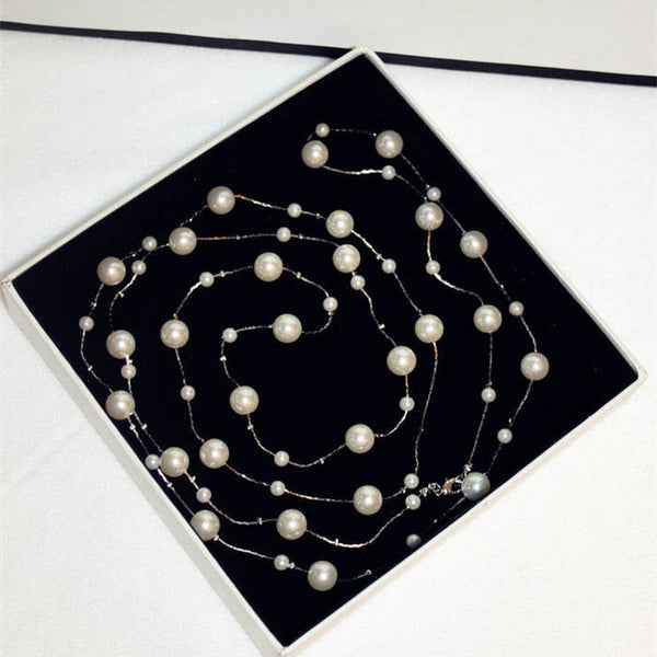 New arrival classic double layers simulated pearl long necklace women bijoux fashion jewelry gift