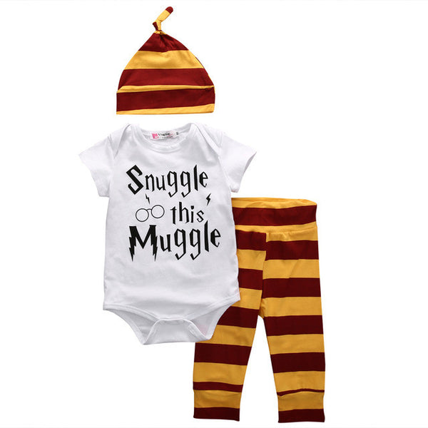 Snuggle this Muggle Bodysuit+Stripe Pants+Hat Outfits Clothes Sets 0-18M New Year 3PCS Baby Clothing Set Newborn Baby Boys Girls