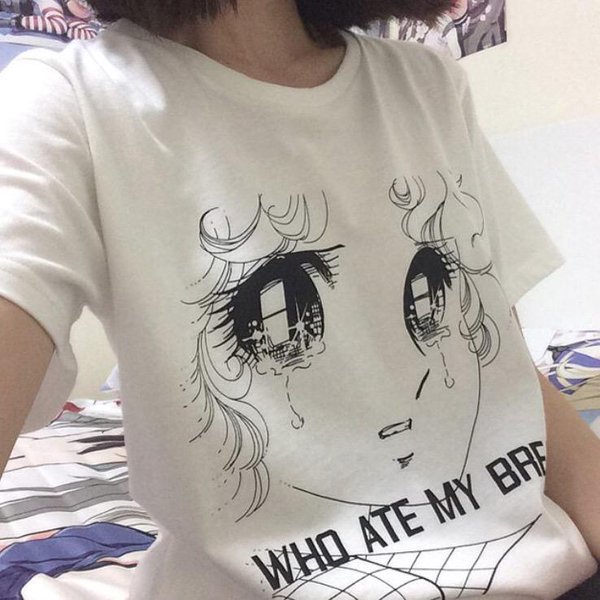 YEMUSEED WHO ATE MY BREAD Tee Shirt Women Harajuku Cute Girls Tears Printed T shirt Lady Tops XL Plus WMT176