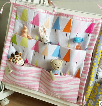 Hotselling Baby Cot Bed Hanging Storage Bag 100%Cotton Kids Crib Organizer Size 60*50cm Toy Diaper Pocket for Crib Bedding Sets