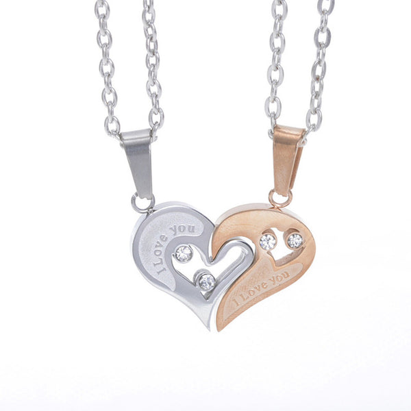 2pcs Heart-shape "I Love You" Stainless Steel Couple Lovers Half Heart Pendant Necklace Puzzle pendant necklace(One Pair)