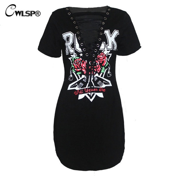 Hot Fashion Cross lace Up t shirt Dress Women Side Split Sexy Mini vestido Rock Music Roses de festa kerst jurk dames QL2792