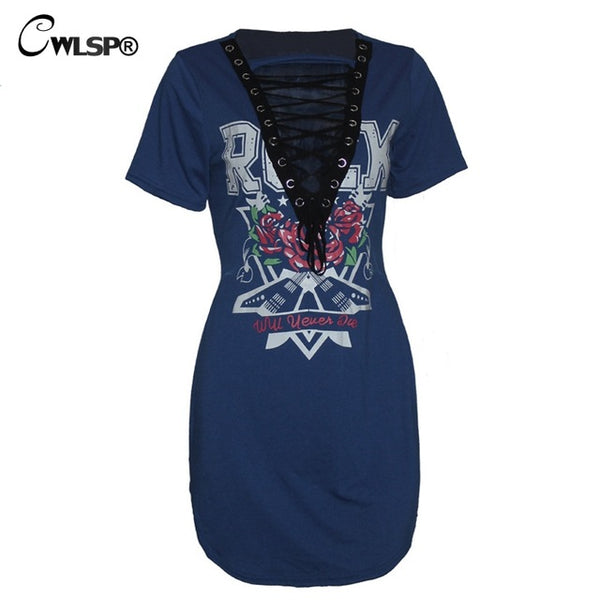 Hot Fashion Cross lace Up t shirt Dress Women Side Split Sexy Mini vestido Rock Music Roses de festa kerst jurk dames QL2792