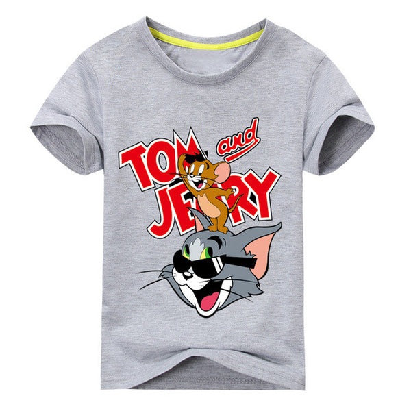 Jiuhehall Children Cat and Mouse Printing T-Shirts Baby Cartoon Style Tee Tops Boy Girls Summer Short Sleeve Clothes 2017 ACM130