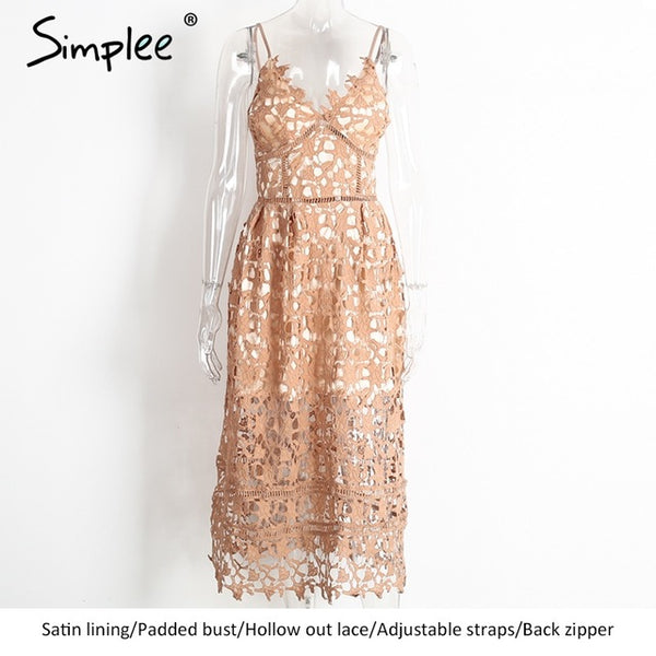 Simplee Padded hollow out lace dress Lined summer dress 2017 women dress shirt Zipper party sundress vestido de festa