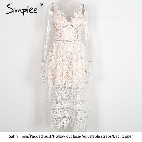 Simplee Padded hollow out lace dress Lined summer dress 2017 women dress shirt Zipper party sundress vestido de festa