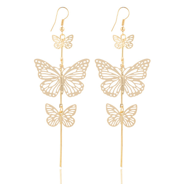 17KM New Fashion Gold Color Alloy Double bow Butterfly drop earrings jewelry Hollow flower Long tassels earring