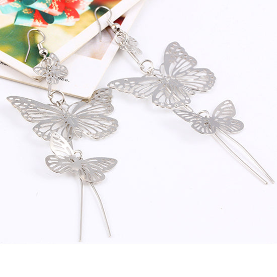 17KM New Fashion Gold Color Alloy Double bow Butterfly drop earrings jewelry Hollow flower Long tassels earring