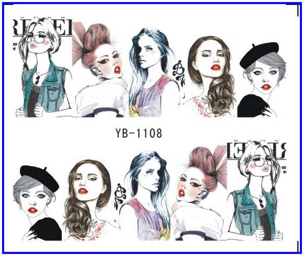 Nail Sticker Water Transfers Stickers Nail Decals SKETCH GIRL URBAN LADY FASHION SHOW  ORIENTAL STYLE YB1105-1110